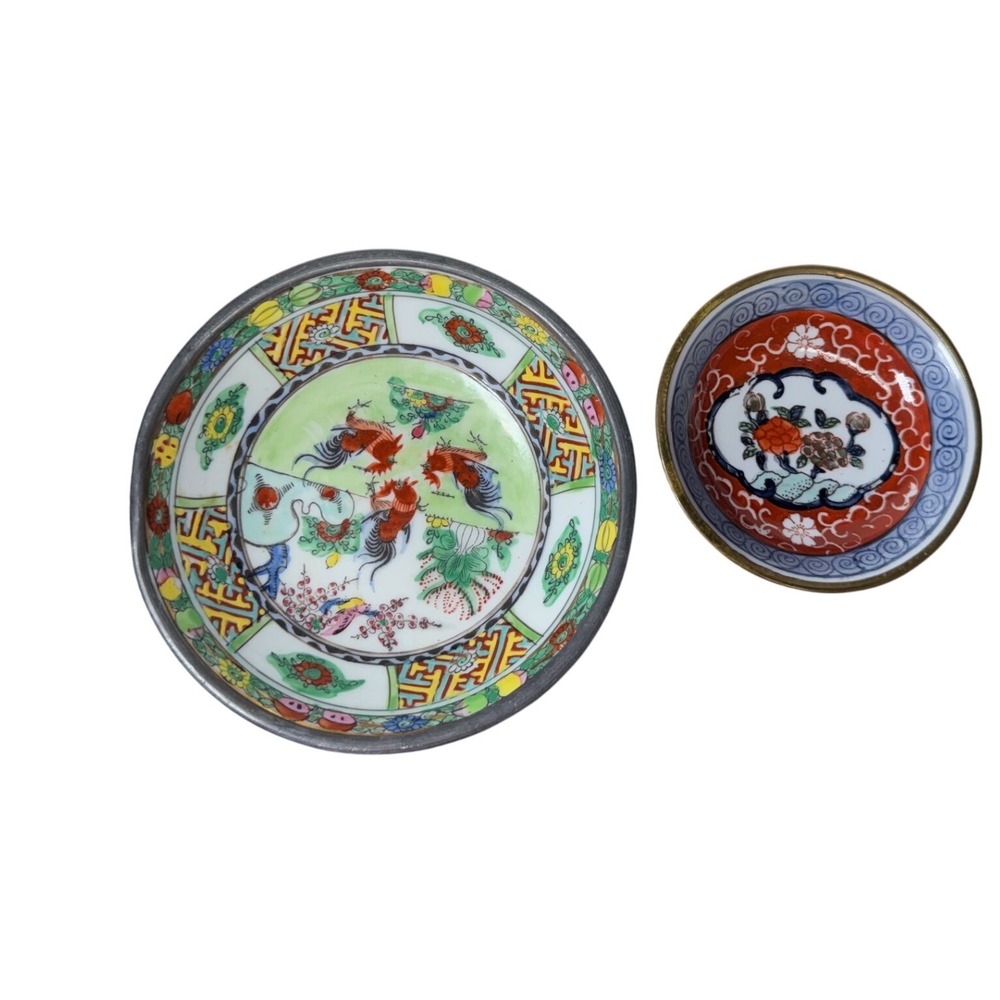 Wildwood Lamps Vintage Porcelain Bowls Pewter Brass Encased Hong Kong Set of 2‎